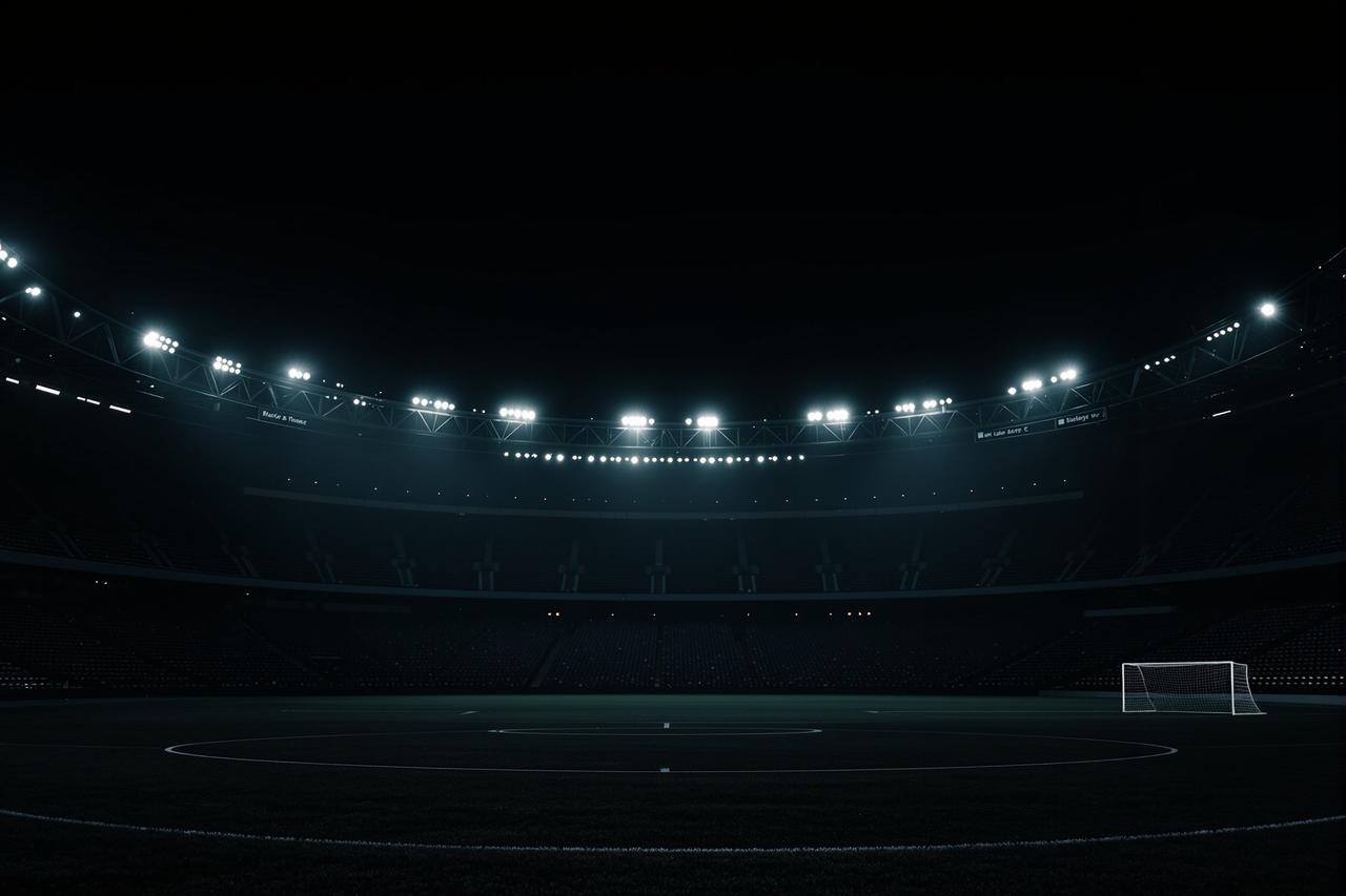 夜晚空旷的体育场，一束追光灯打在场地中央，暗示运动员涉嫌赌球丑闻
