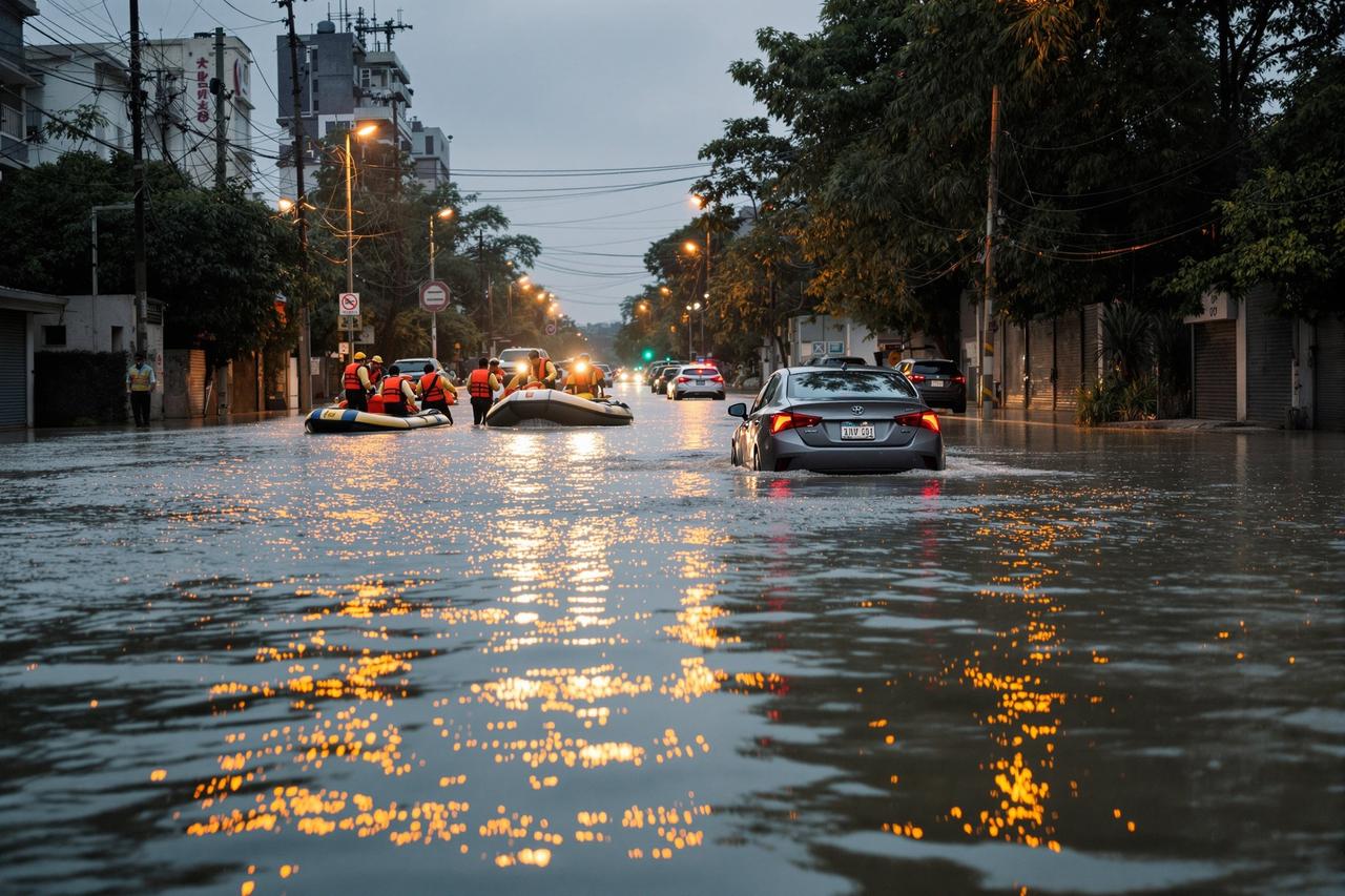 沿海城市台风暴雨后严重内涝，救援人员使用冲锋舟转移群众