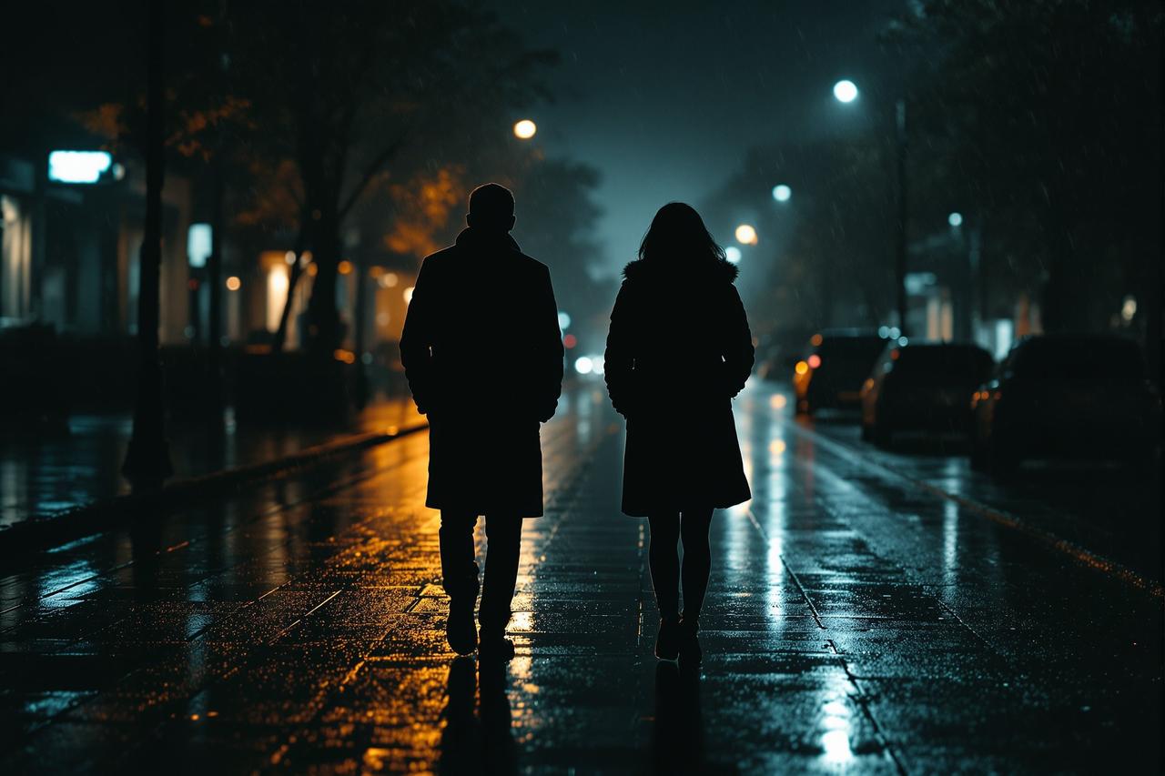 雨夜街头两个人影朝相反方向走去，暗示明星夫妻分居